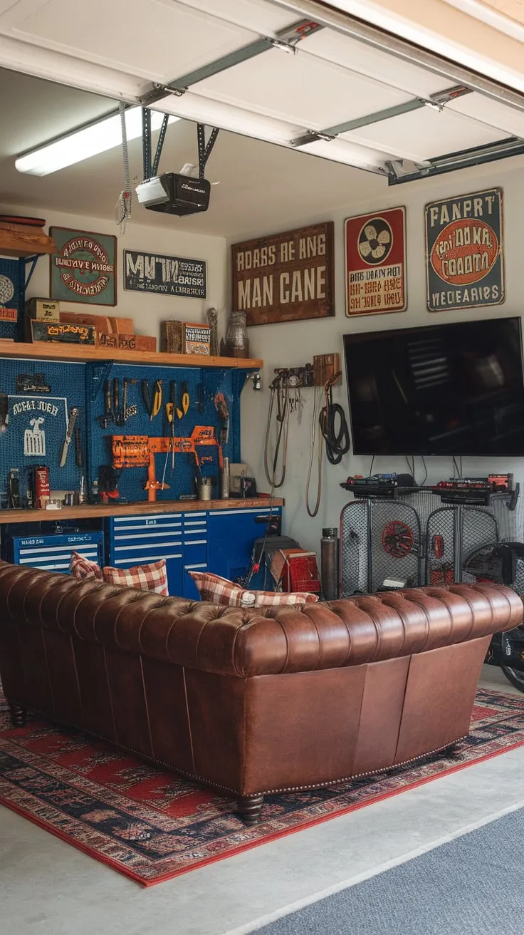Transform your garage into a ruggedly stylish man cave, seamlessly integrating a fully equipped workshop with a cozy entertainment space.