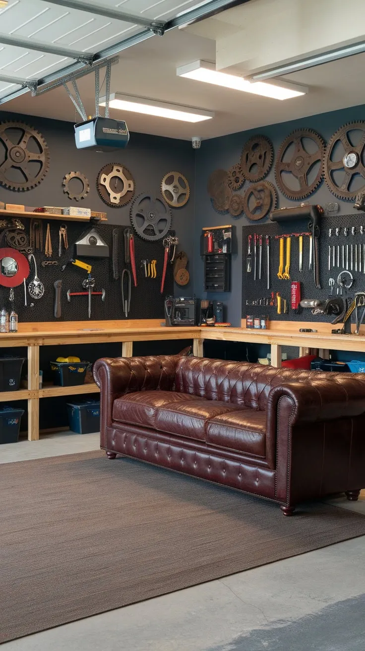 This garage man cave, complete with leather seating and a well-equipped workbench amidst gear-decorated walls, is a haven of masculine design.