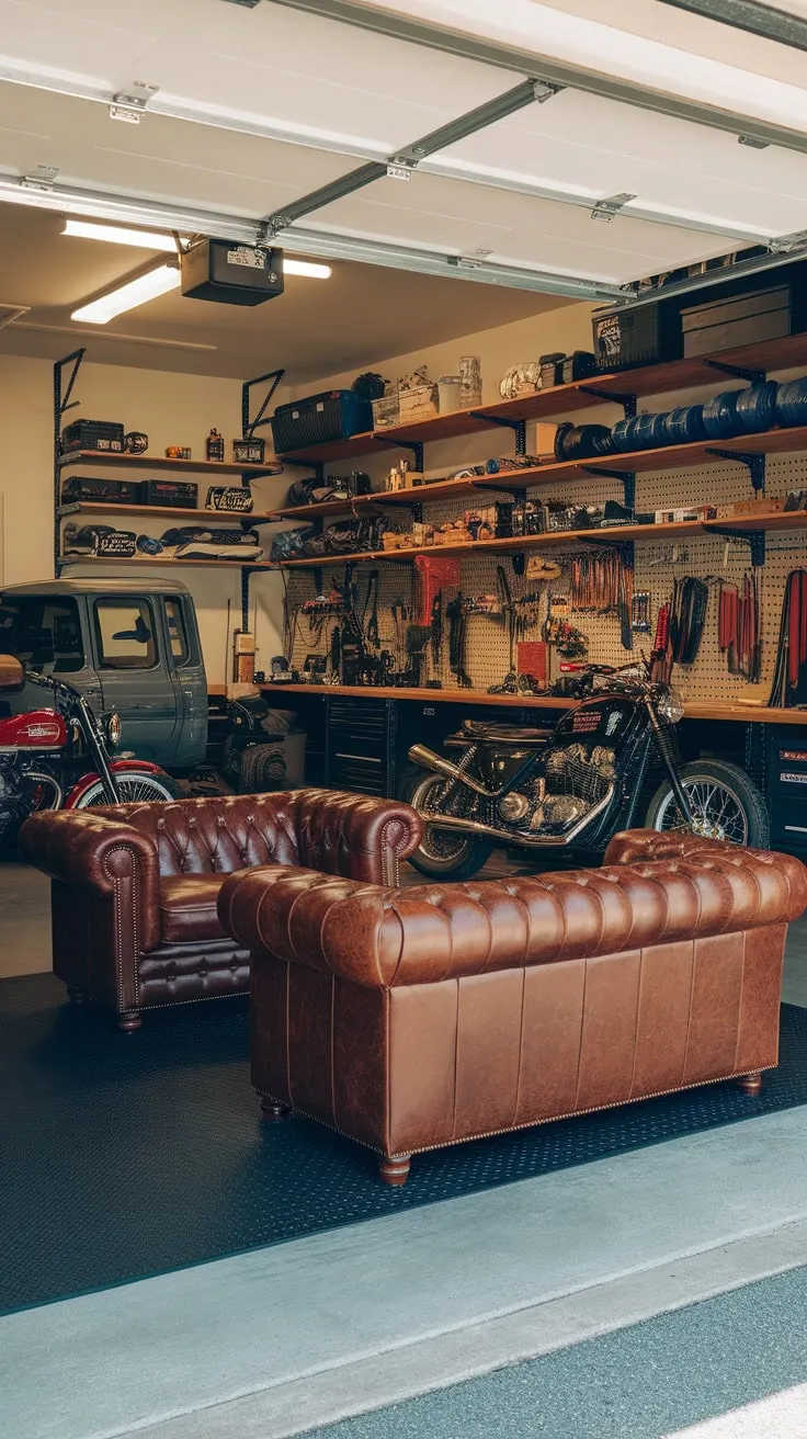 A bright garage man cave boasts a leather sofa, gleaming tools, a motorcycle, car, and wall-to-wall gear, creating a masculine sanctuary.