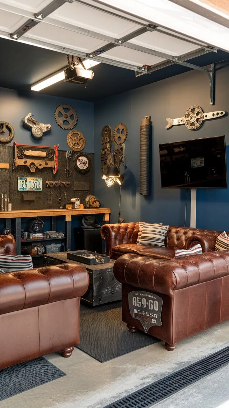 Bright lights illuminate a functional yet stylish garage man cave featuring a leather seating area, a workbench, and nostalgic automotive and tool displays.