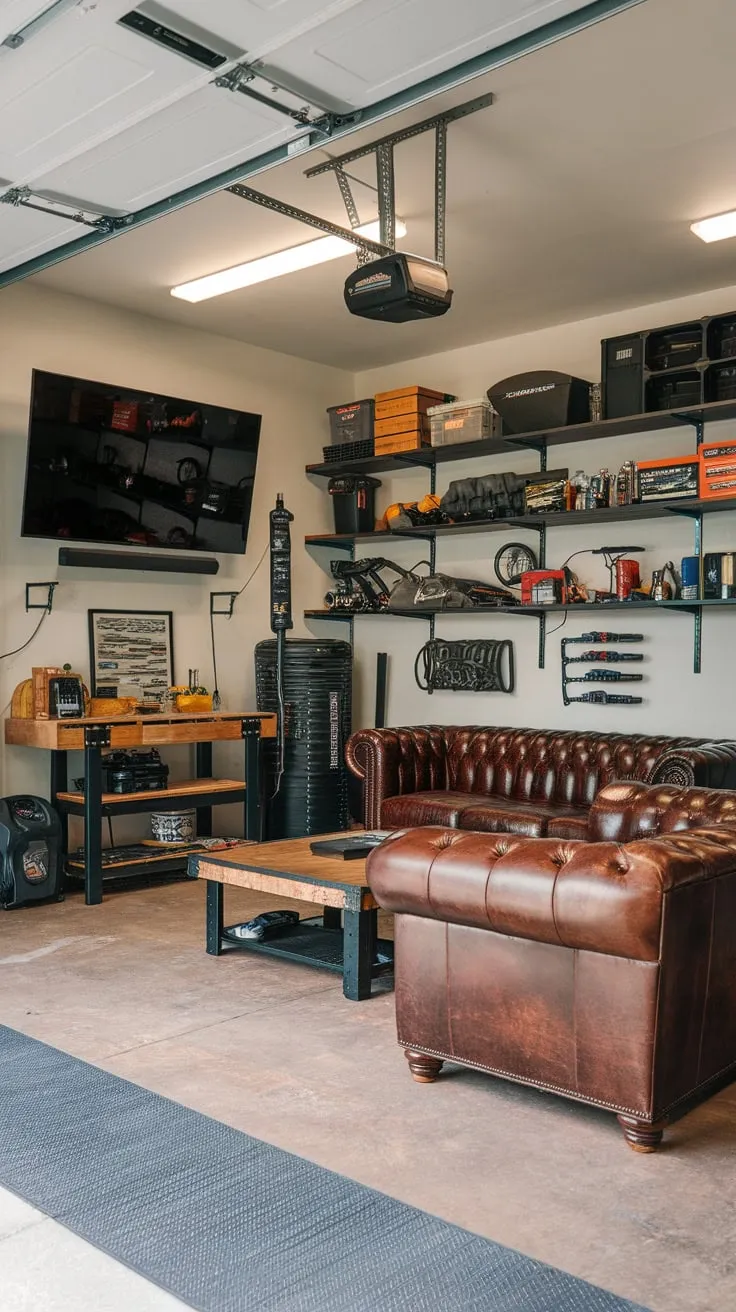 A masculine garage man cave boasts a leather sofa, large TV, tool-filled shelves, and workbench, creating the ultimate blend of comfort and functionality.
