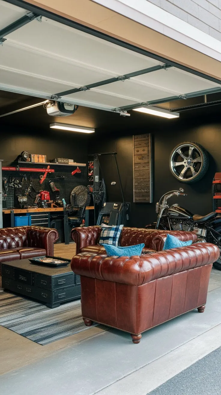 Brightly lit and open, this garage seamlessly integrates a relaxing man cave with a functional workshop and a showcase of prized possessions.
