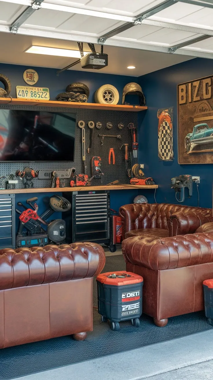 Transform your garage into an ultimate man cave featuring a fully equipped workshop, comfortable lounge area, and cherished automotive memorabilia.