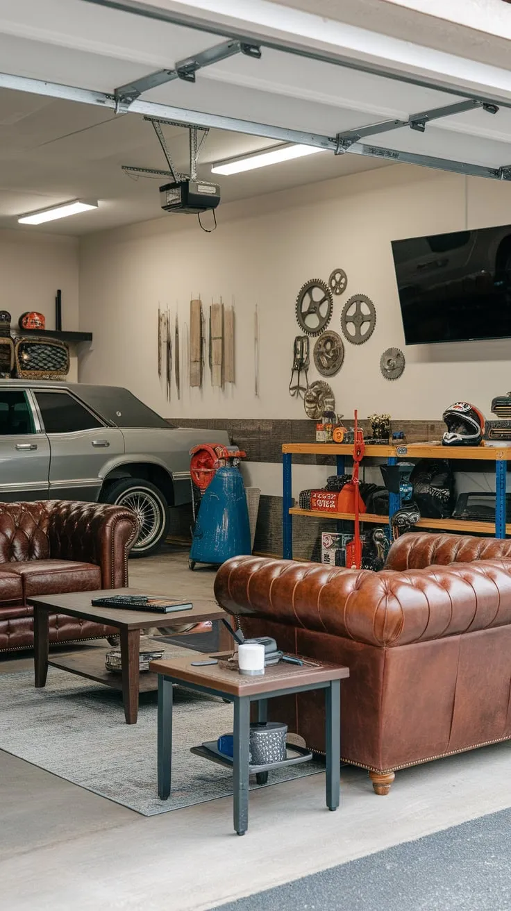 This garage man cave boasts a workshop, classic car, and relaxing lounge area, a true automotive enthusiast's sanctuary.