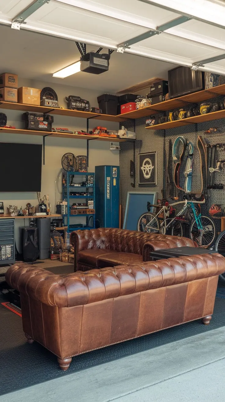 A masculine garage man cave seamlessly blends a comfortable lounge with a fully equipped workshop and dedicated gear storage, creating the ultimate hobbyist haven