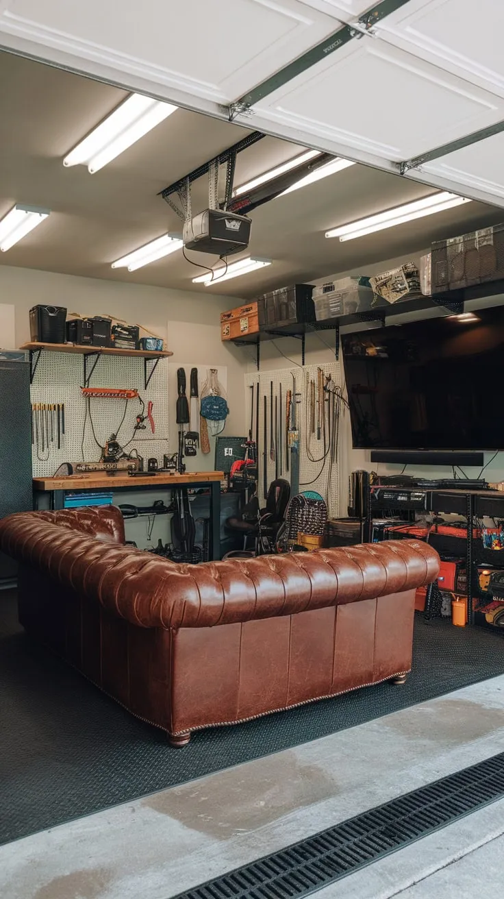 This rugged garage man cave seamlessly integrates a comfortable lounge area with a fully equipped workshop, perfect for relaxation and DIY projects.