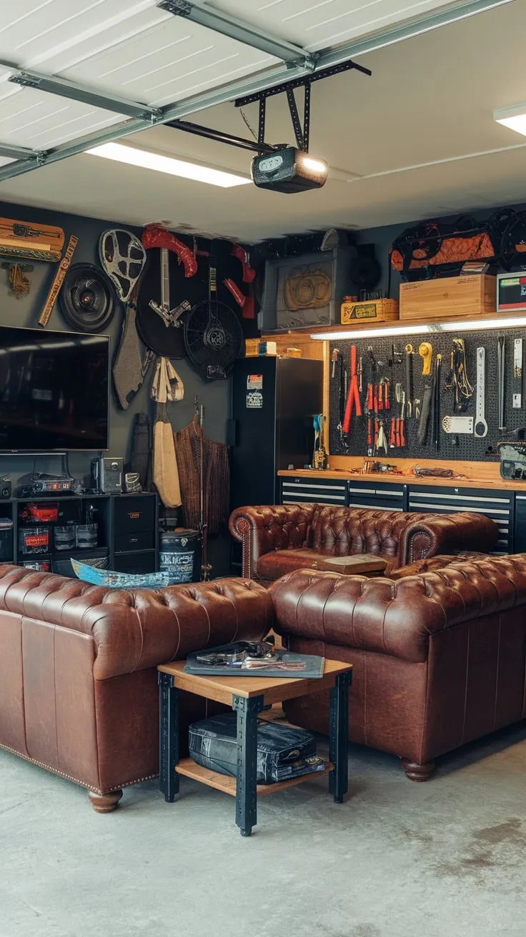 Concrete floors, leather sofas, and a wall of gear create the ultimate man cave workshop.