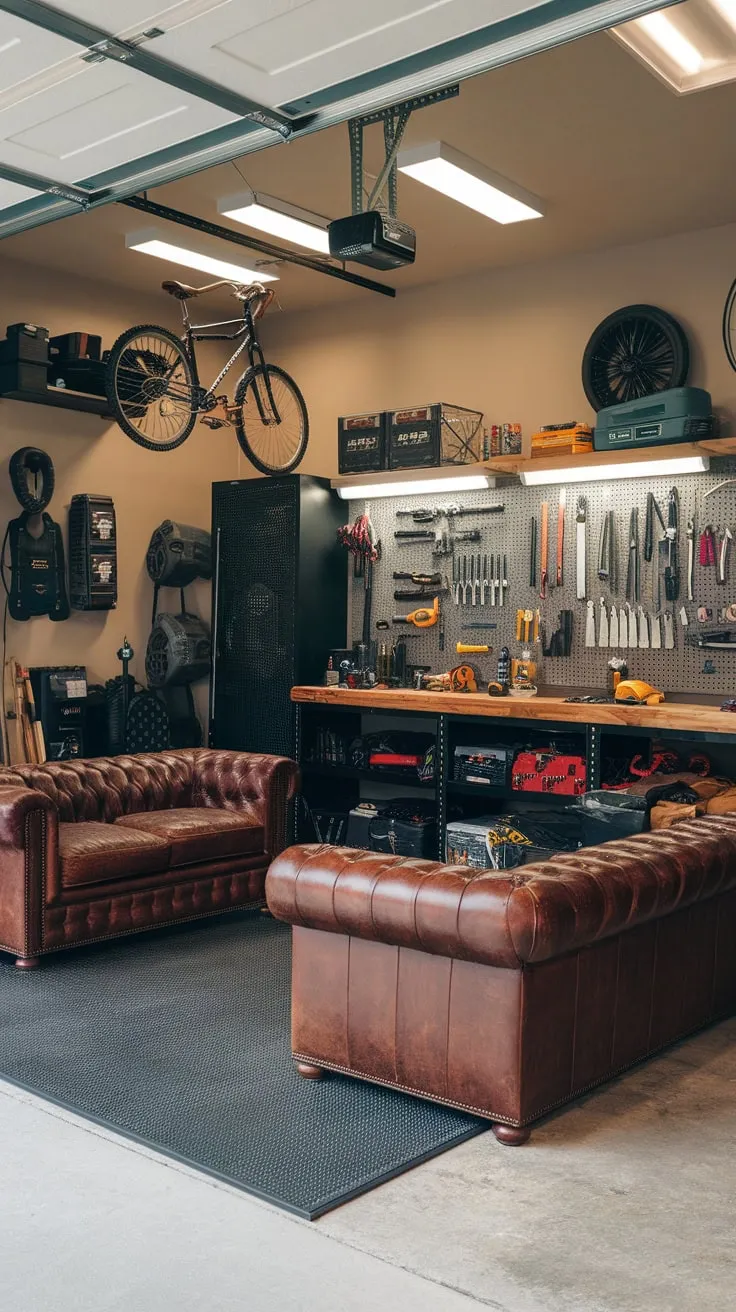 A rugged garage man cave boasts a leather sofa, a well-equipped workbench, and cherished personal items amidst a masculine interior design
