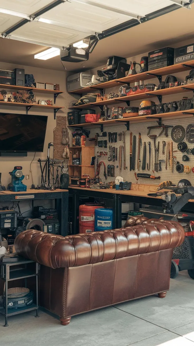 A masculine retreat blends comfortable seating and a fully equipped workshop, transforming a garage into the ultimate man cave.