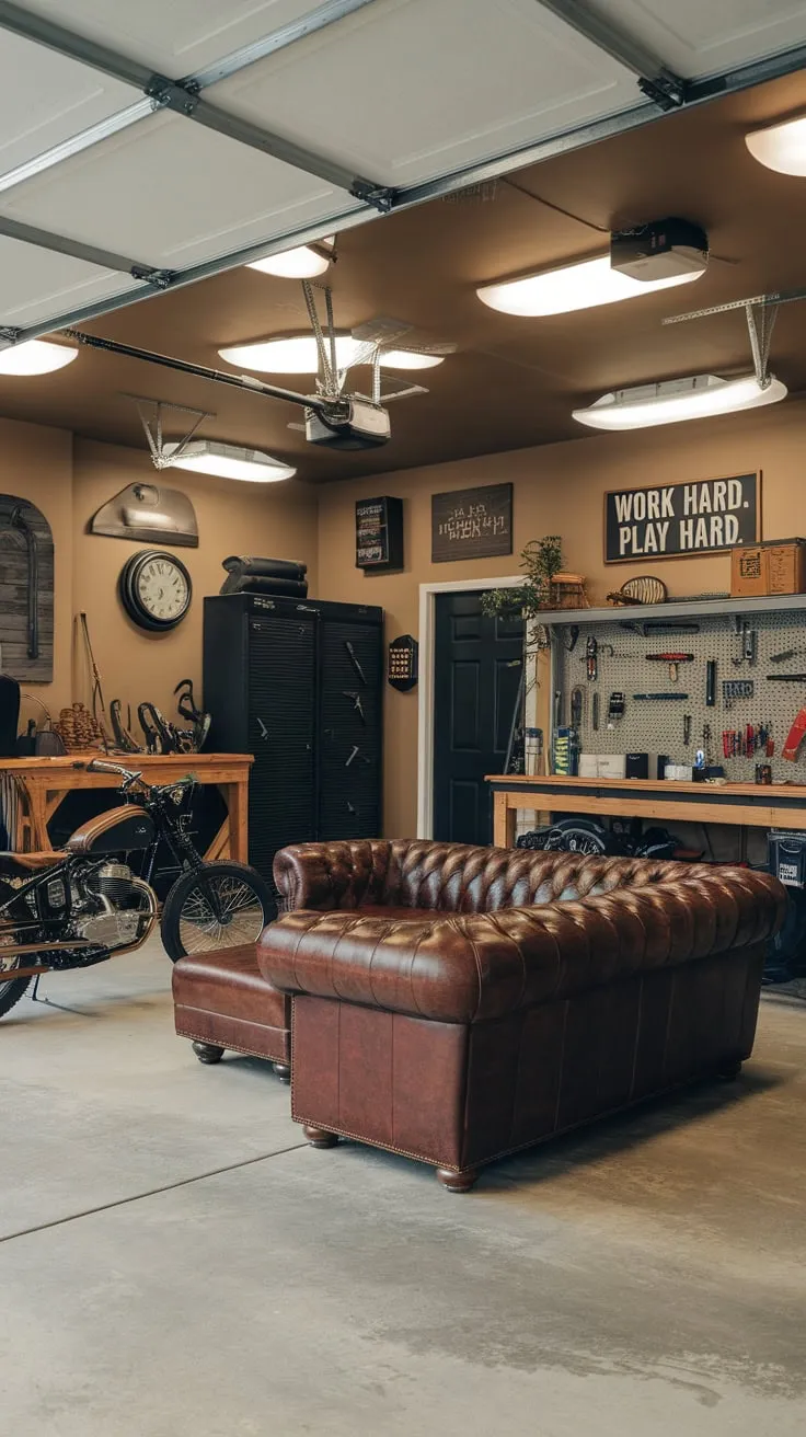 This man cave seamlessly blends comfortable relaxation with the raw energy of a fully equipped workshop, featuring a motorcycle, tools, and a leather seating area.