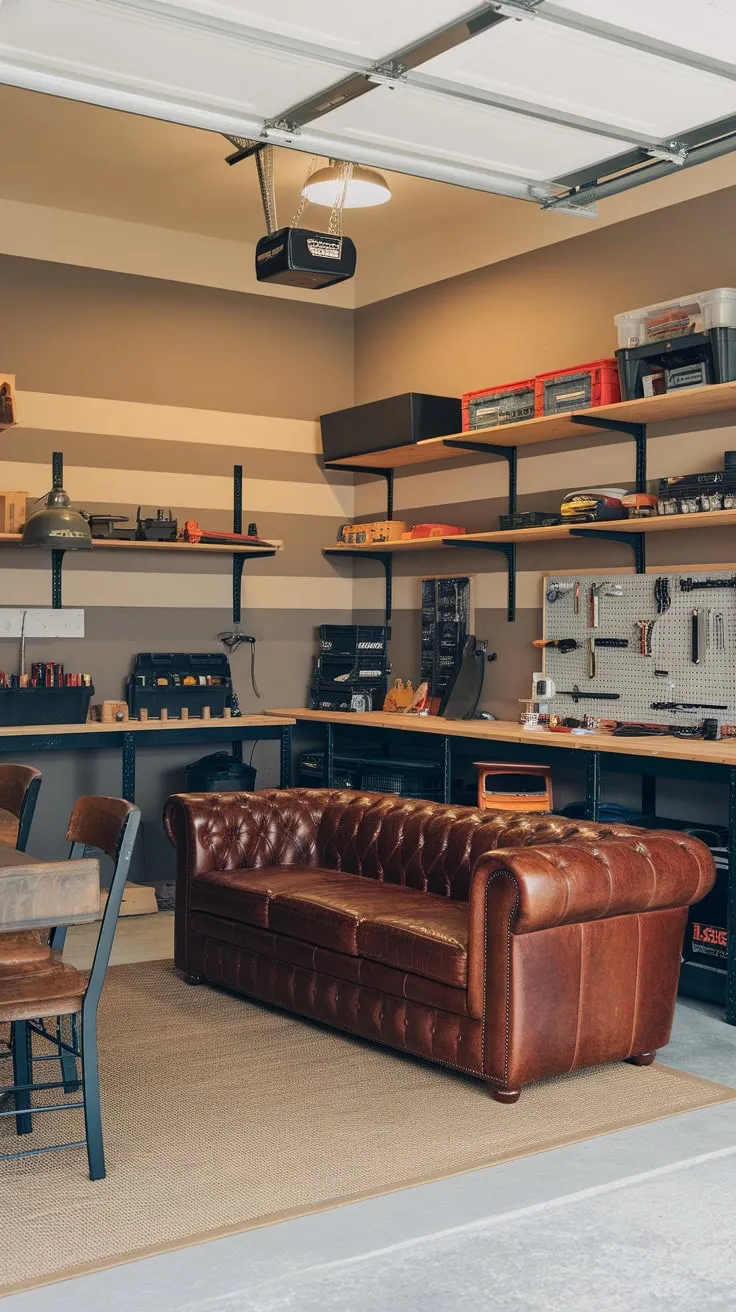 Escape to a stylish garage man cave featuring a functional workshop, comfortable leather seating, and meticulously organized tools.