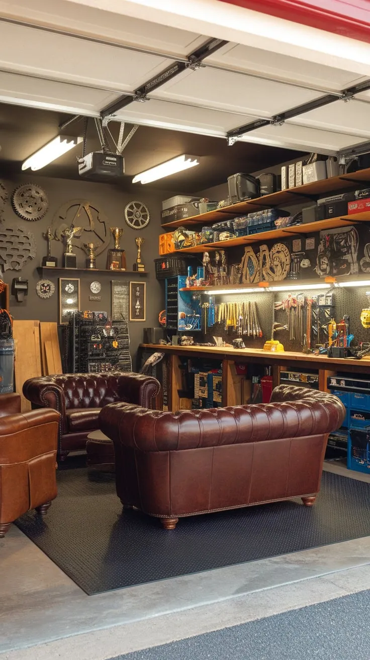 A well-lit garage man cave boasts a functional workshop, comfortable seating, and prized possessions displayed amidst gleaming tools and equipment