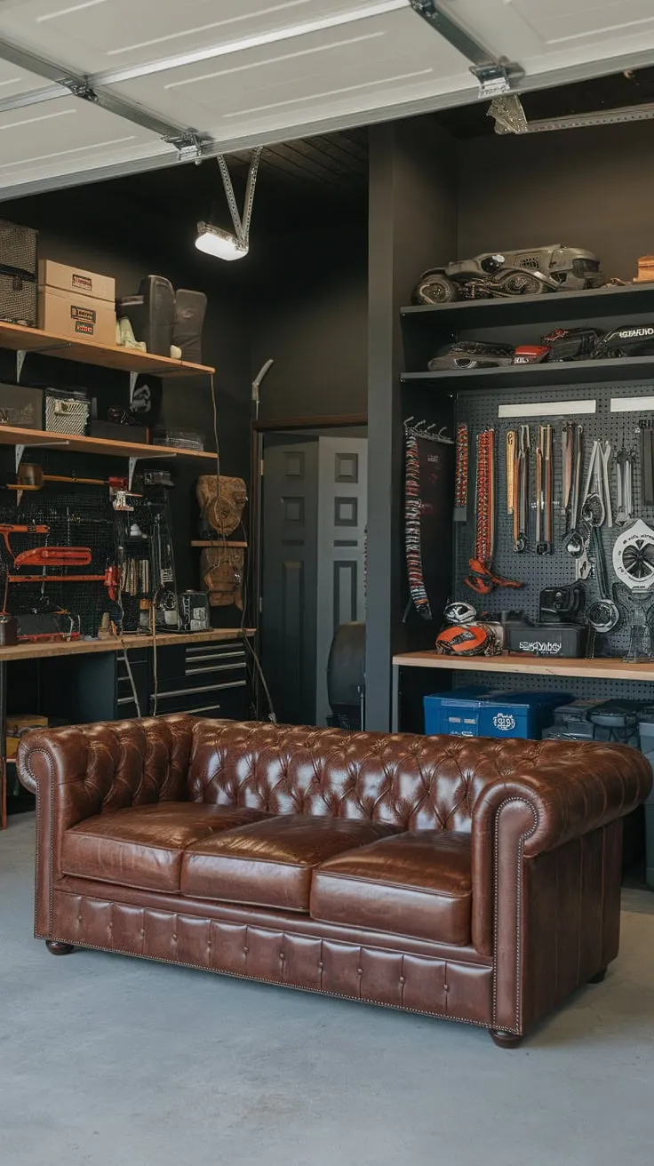 A dark-walled garage man cave boasts a leather sofa, a gear-filled room, and a fully equipped workshop, the ultimate masculine retreat.