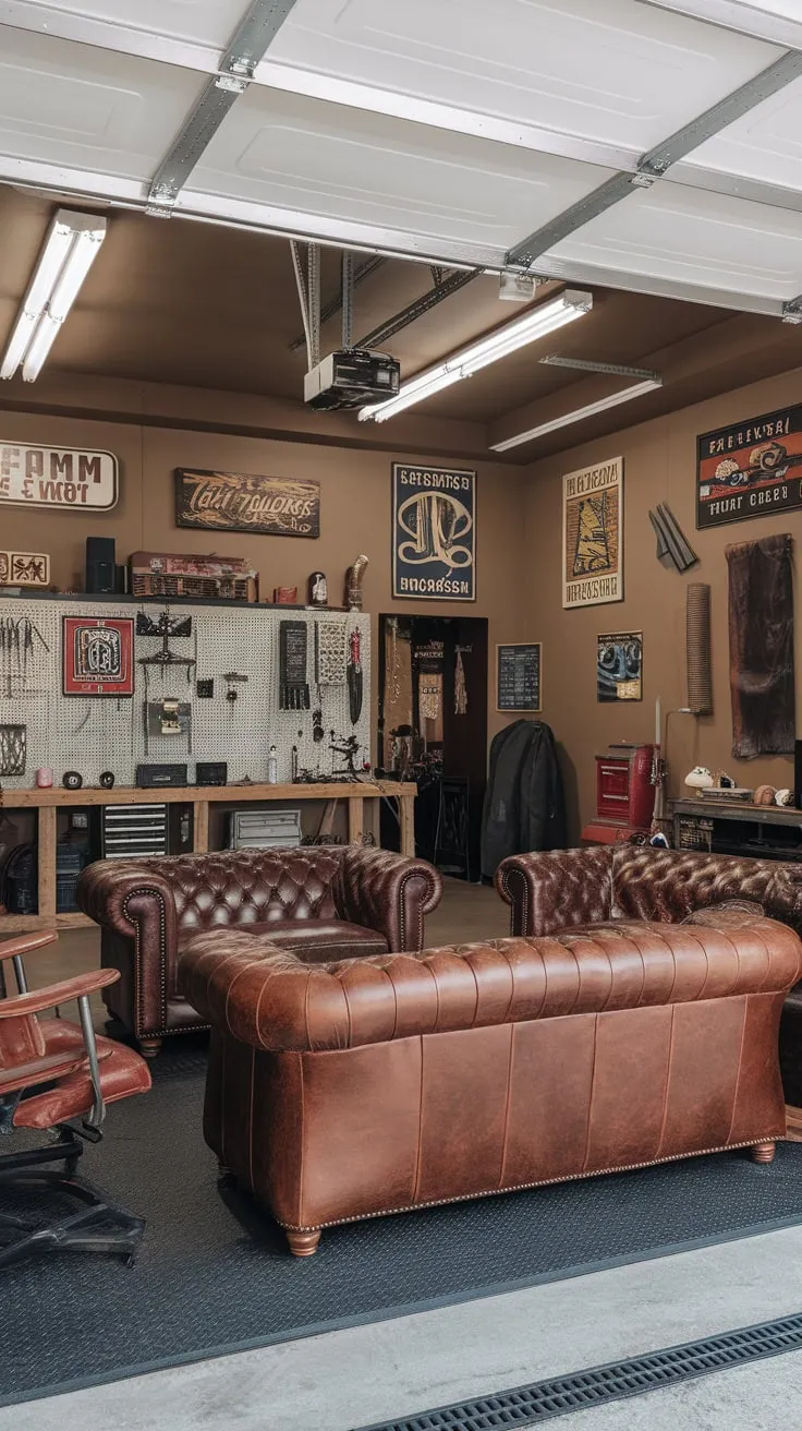 A masculine garage man cave boasts a leather seating area, a well-equipped workbench, and vintage decor under fluorescent lights