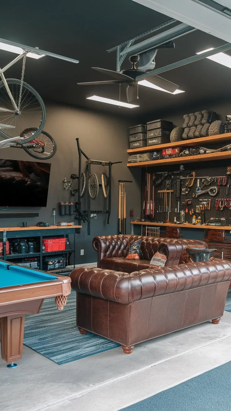This ultimate man cave combines a relaxing lounge with a functional workshop, featuring a pool table, leather seating, and ample tools.