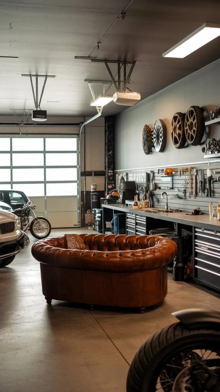 A bright garage transformed into a masculine man cave, showcasing classic cars, a motorcycle, a workshop, and comfy leather seating.