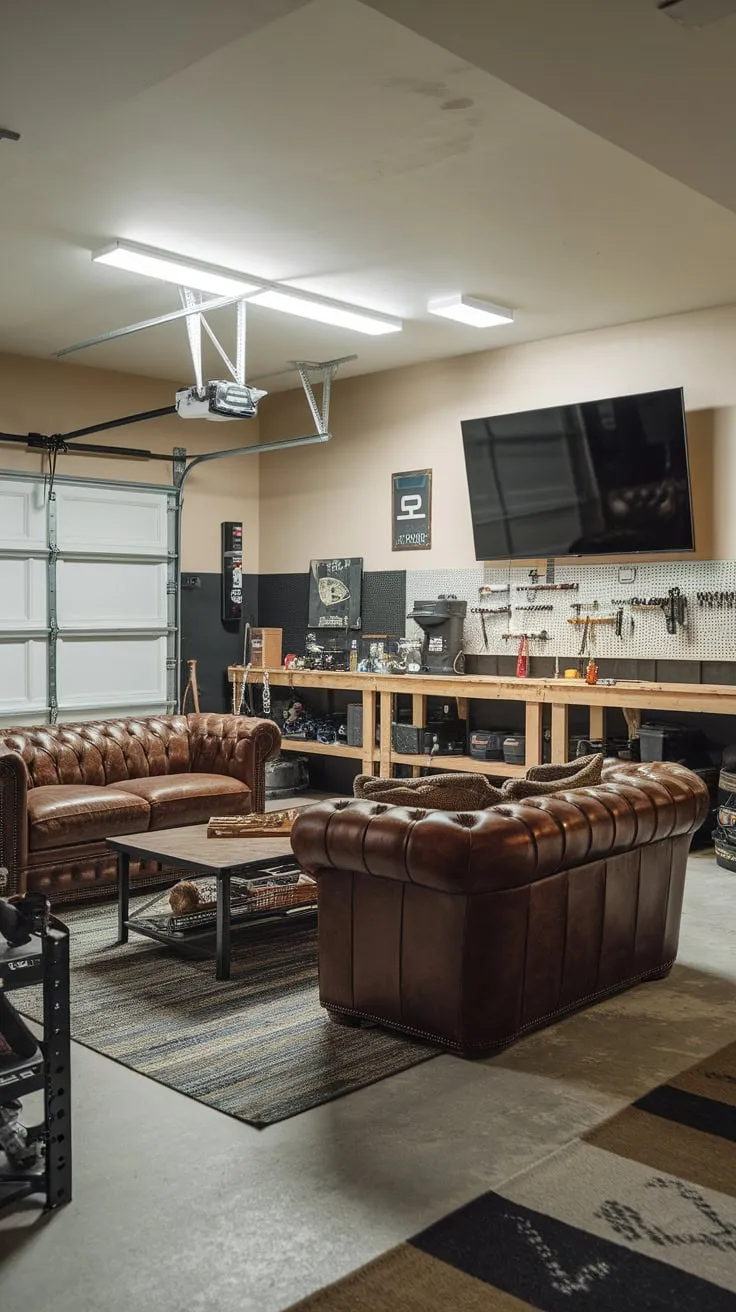 Bright lights illuminate a comfortable and practical garage man cave featuring a leather seating area, a large screen TV, and a fully stocked workbench.