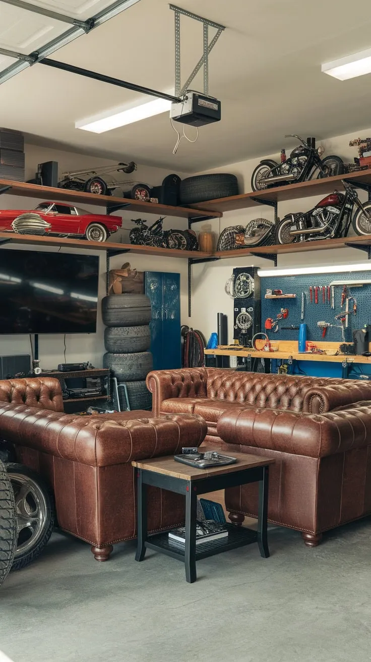 Transform your garage into a masculine retreat featuring a leather lounge, large TV, prized collections, and a functional workbench.