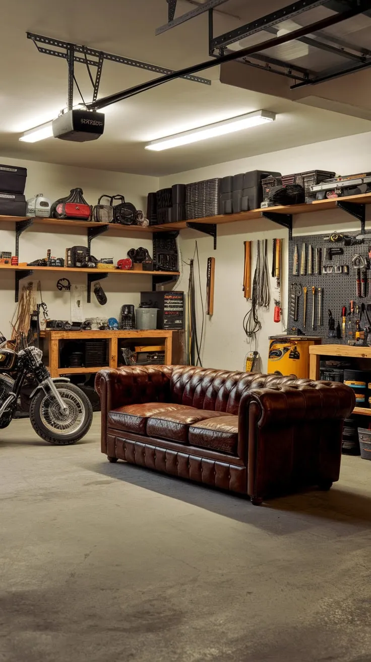 A bright garage man cave boasts a leather sofa, parked motorcycle, well-stocked workbench, and ample tools, all set against a concrete floor