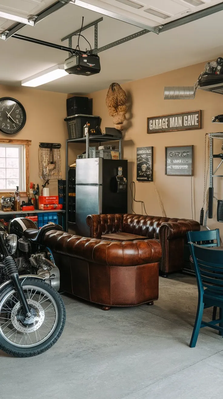 This ultimate garage man cave seamlessly integrates a fully equipped workshop with a relaxing lounge area, perfect for both projects and relaxation.