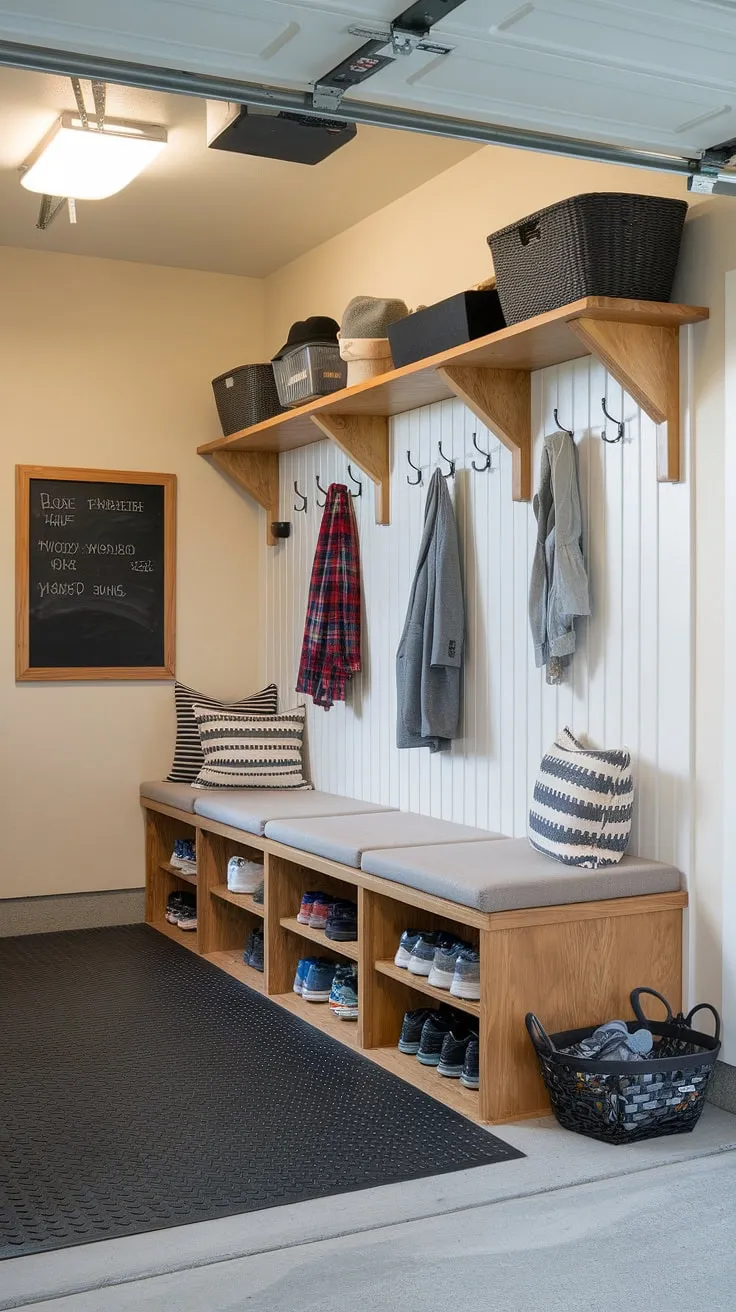 Sunlight streams into this well-organized garage mudroom entryway, showcasing a clever garage drop zone. The wooden shelf with coat hooks and the cushioned storage bench below offer practical solutions for garage storage inspiration, while the rubber floor mat and shoe basket keep things tidy. A chalkboard adds a personal touch to this functional garage entryway, making it a perfect example of garage organizing.