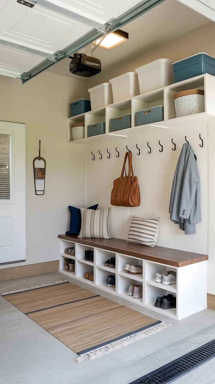 Step into ultimate organization with this garage mudroom entryway. The custom-built bench with cubbies, coat rack, and shoe rack creates a dedicated garage drop zone, maximizing space and minimizing clutter. Overhead storage and wall hooks provide additional solutions for this mudroom garage, offering garage storage inspiration for your own garage organizing projects.