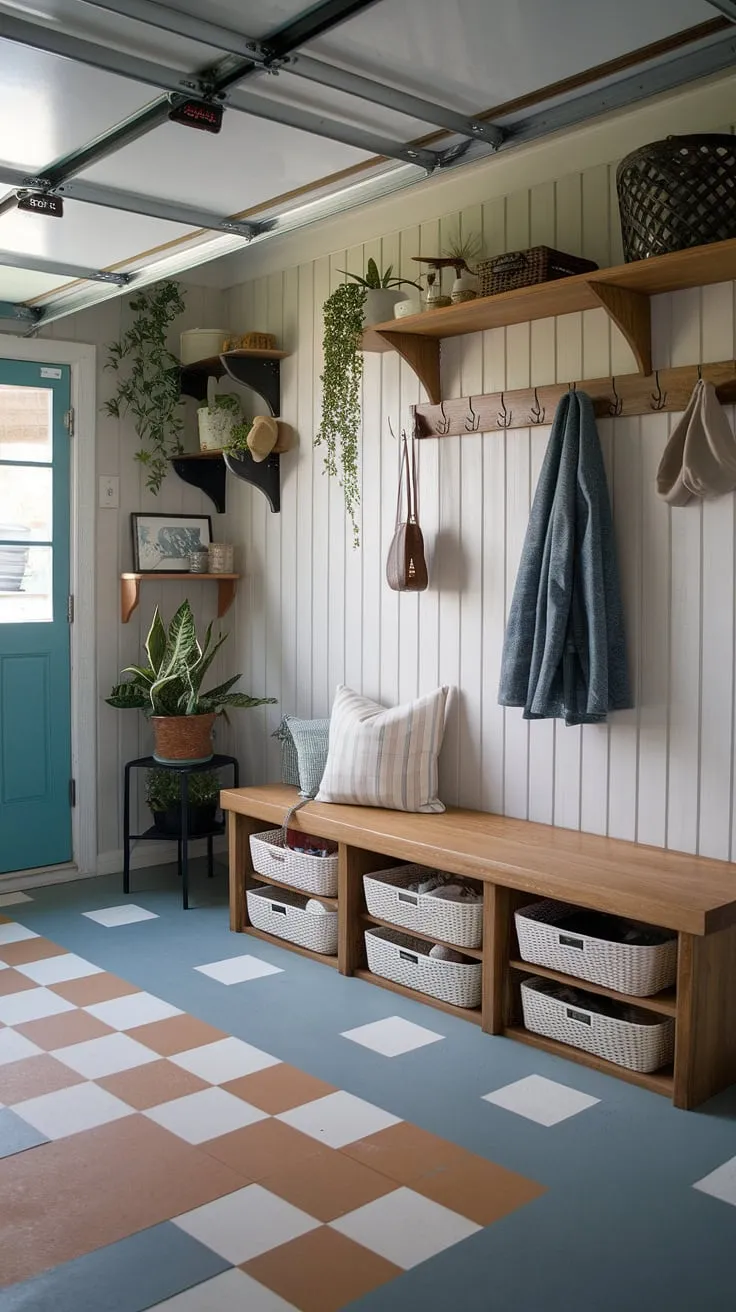 Transform your garage entryway into a functional and stylish space. This garage mudroom entryway offers ample garage organizing solutions, a dedicated drop zone, and rustic charm—the perfect blend of practicality and aesthetic appeal.