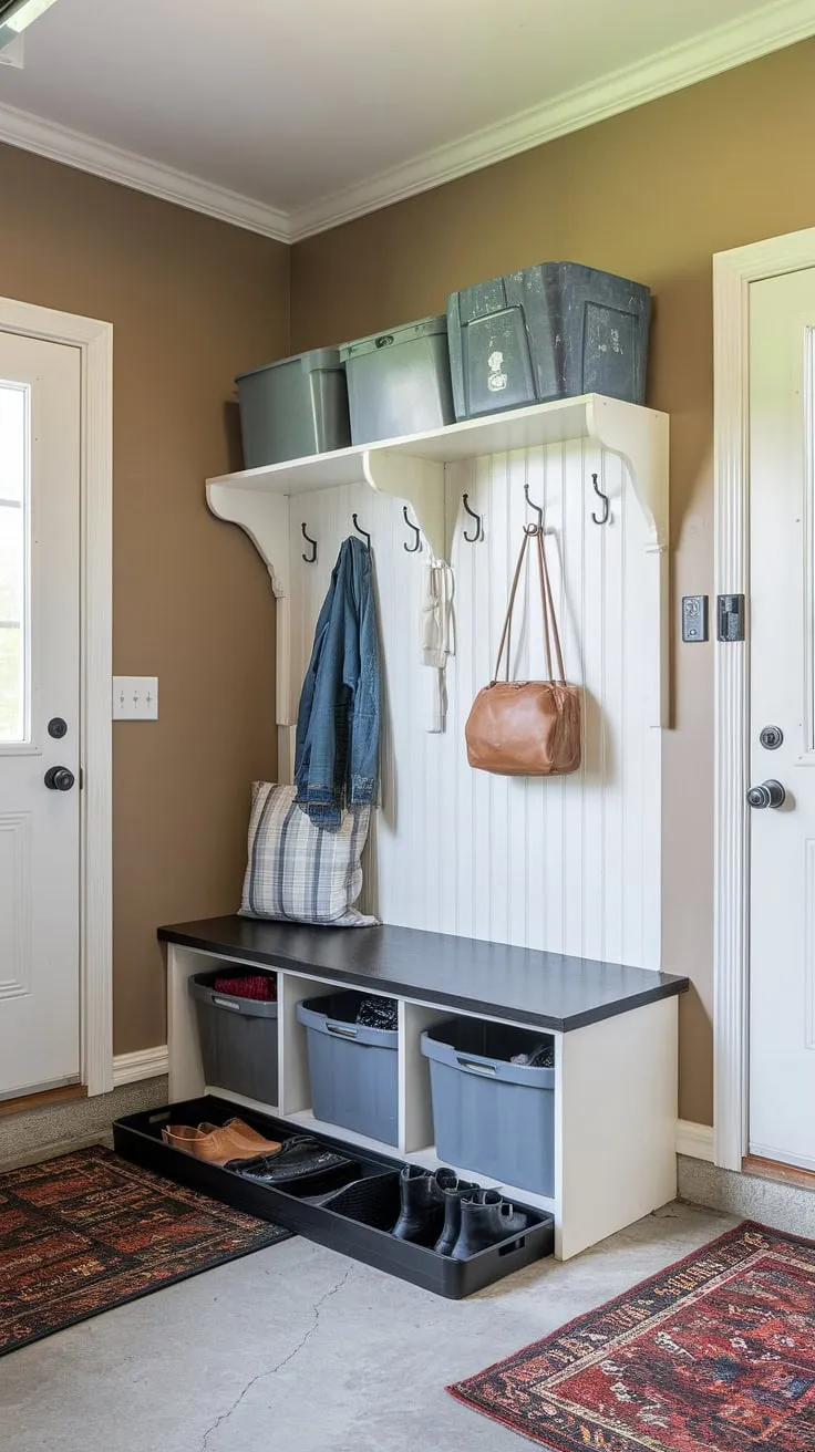 Organized chaos? This garage mudroom entryway, aka garage drop zone, is the perfect blend of style and function. Garage storage inspiration at its finest.