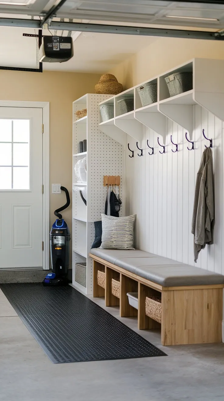 This mudroom garage boasts a practical and aesthetically pleasing garage drop zone. The wooden bench, conveniently located near the garage entryway, offers a place to sit and change shoes. Clever storage solutions, including shelves and hooks, maximize space and keep clutter at bay. The rubber floor mat adds a touch of practicality, making this garage mudroom entryway a true testament to garage organizing and garage storage inspiration.