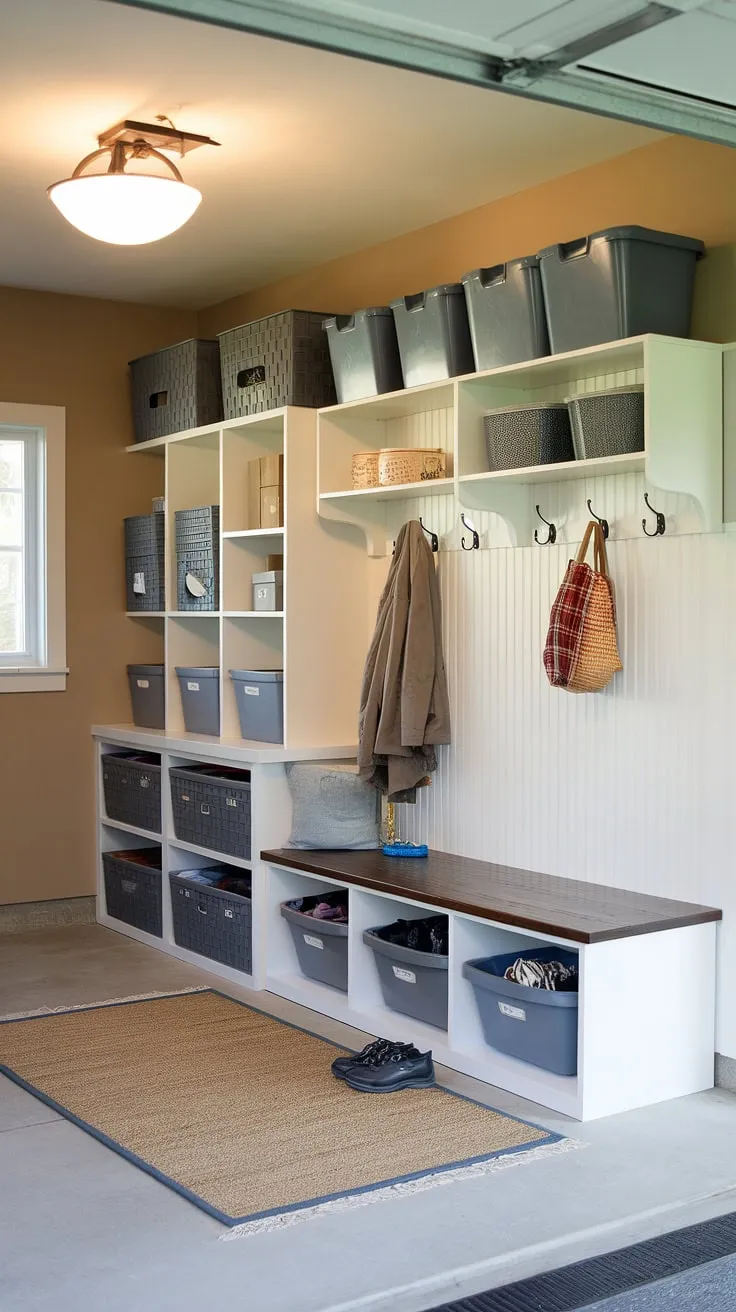 Step into this inviting mudroom garage, a testament to effective garage organizing. This garage drop zone features a thoughtfully designed garage entryway with ample storage solutions, including a bench with storage bins, overhead shelves, and wall-mounted hooks. The neutral color palette and soft rug create a welcoming atmosphere, making this garage storage inspiration truly achievable.