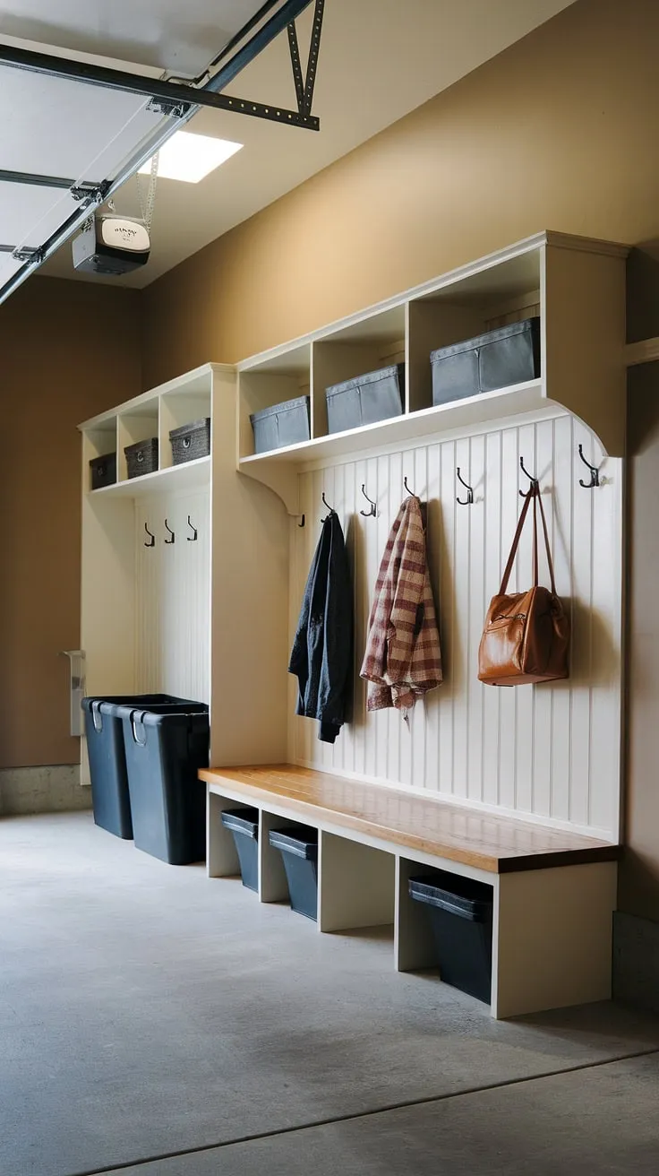 Step into organized bliss with this bright and functional garage mudroom entryway. The custom-built bench with coat hooks and upper shelf provides the perfect garage drop zone, maximizing space and minimizing clutter. This garage storage inspiration showcases clever garage organizing solutions, transforming a typically chaotic area into a welcoming and efficient garage entryway.