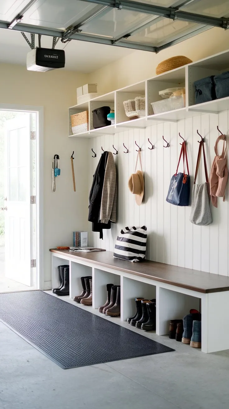 Transform your garage entryway into a well-organized mudroom garage with this inspiring setup. This garage drop zone features a practical bench with storage, a convenient coat rack, and open shelving for easy access. The thoughtful design offers plenty of garage storage inspiration, showcasing effective garage organizing solutions for even the busiest households.