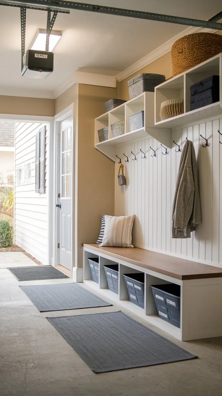 This mudroom garage boasts clever garage organizing solutions.  The well-lit garage drop zone features ample storage, a convenient bench, and stylish shelving, making this garage entryway both practical and aesthetically pleasing.  Find inspiration for your own garage storage transformation in this perfectly planned space.