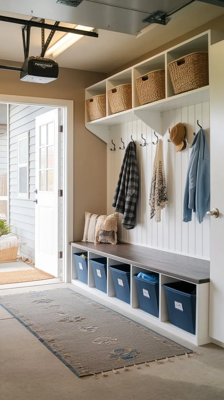 Transform your garage entryway into a functional and stylish mudroom garage. This garage drop zone features clever storage solutions, including a bench with storage bins, a shelf with baskets, and wall-mounted hooksâ€”all perfect for garage organizing.  Find inspiration for your own space with this efficient and inviting design.