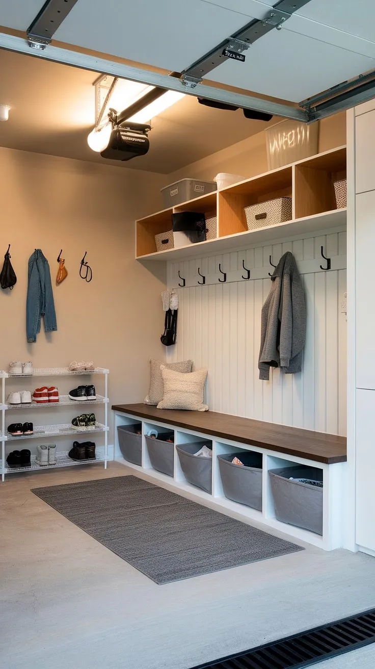 Step into effortless organization with this modern garage mudroom entryway.  The dedicated drop zone, complete with bench seating, storage bins, and a coat rack, makes managing coats, shoes, and everyday essentials a breeze. This garage entryway is the perfect blend of style and functionality, offering serious garage storage inspiration and a solution for garage organizing.