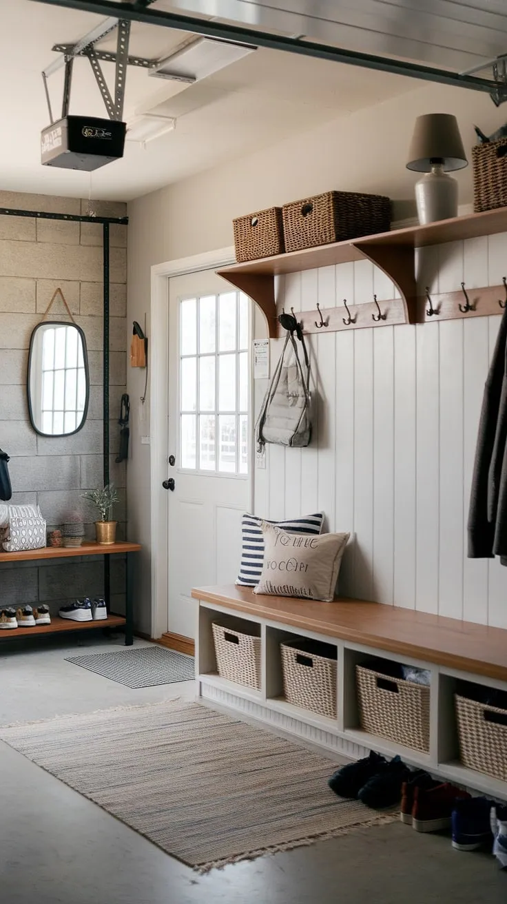 Transform your garage into a haven of order with this inspiring mudroom garage design. This garage entryway boasts ample storage solutions, from the convenient bench with baskets to the overhead shelf and coat rack.  The result? A functional garage drop zone that's both practical and visually appealing.  Find your garage storage inspiration and embrace the art of garage organizing.