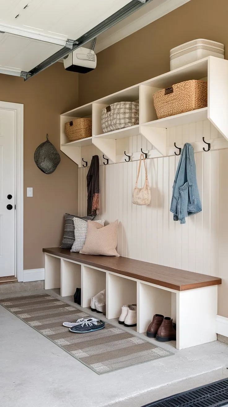 This garage mudroom entryway is the ultimate garage drop zone, maximizing space and organization. The built-in shelves, bench, and hooks provide ample storage, while the rug offers a practical spot for cleaning footwear. This mudroom garage design is a fantastic example of garage storage inspiration and effective garage organizing.