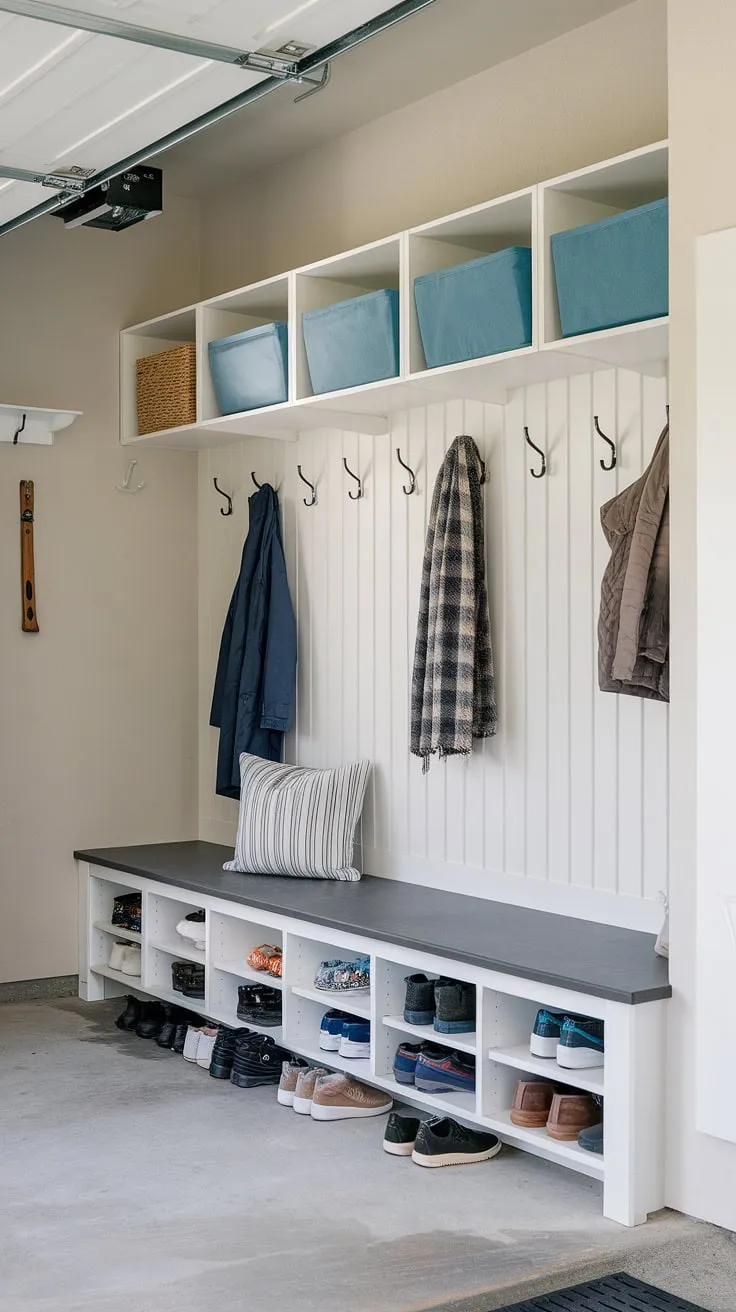 This well-organized garage mudroom entryway boasts a practical drop zone, complete with a storage bench, coat rack, and ample wall hooks. The concrete floor adds durability, while the clever use of storage bins provides garage storage inspiration for keeping coats, shoes, and other essentials neatly tucked away. This mudroom garage setup is the perfect solution for garage organizing and efficient entryway management.