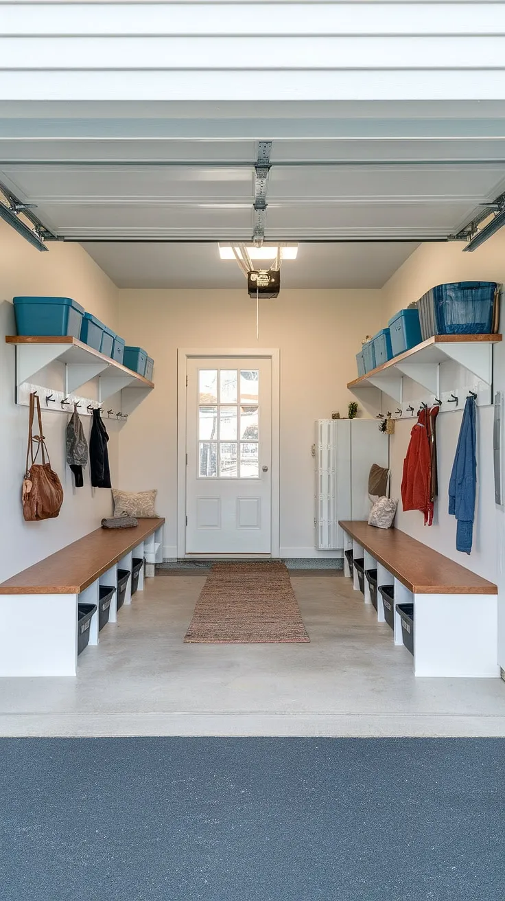 This bright white garage mudroom entryway boasts ample storage solutions. The cleverly designed garage drop zone, complete with shelves and a bench with storage bins, keeps everything organized and easily accessible. A cozy rug adds warmth to the concrete floor, transforming this functional garage entryway into a stylish and practical space. This garage storage inspiration showcases how effective garage organizing can be.
