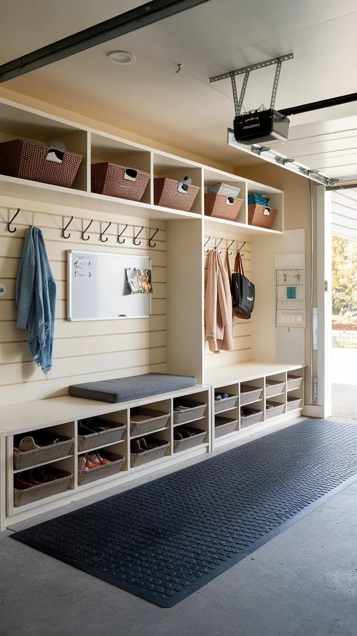 Step into effortless organization with this well-designed mudroom garage. This garage entryway showcases smart storage ideas, turning a cluttered space into a welcoming garage mudroom entryway. Get inspired for your own garage organizing project.