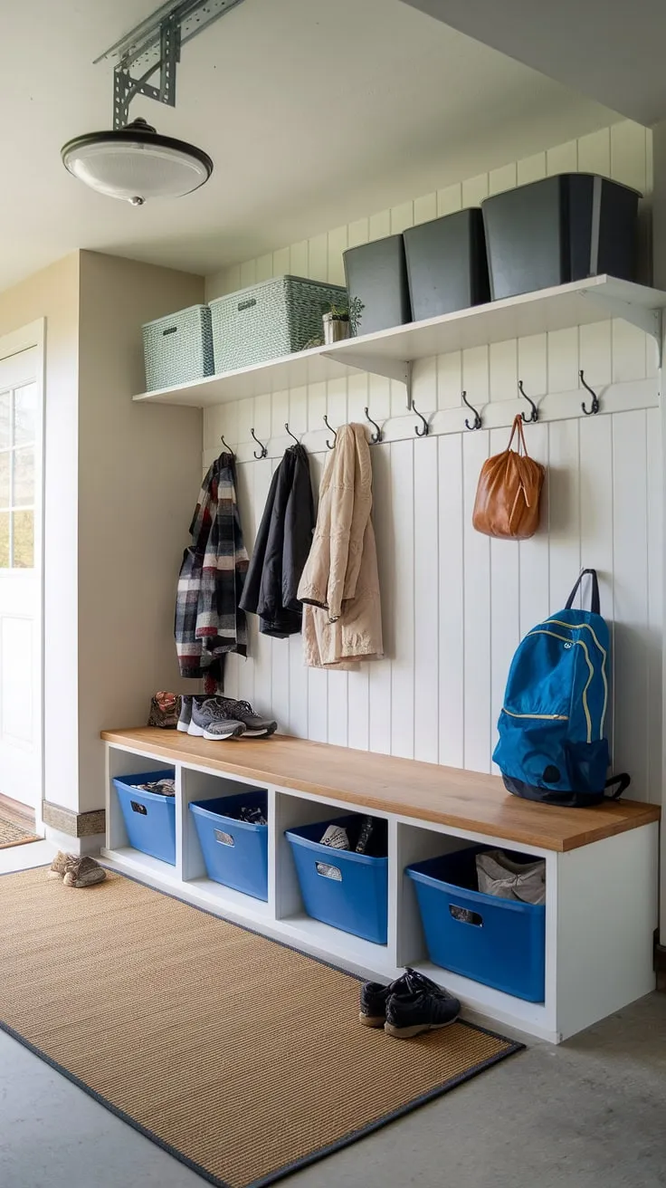 Step into organized chaos: This garage mudroom entryway is the ultimate garage drop zone, offering seamless garage storage inspiration and clever garage organizing solutions.