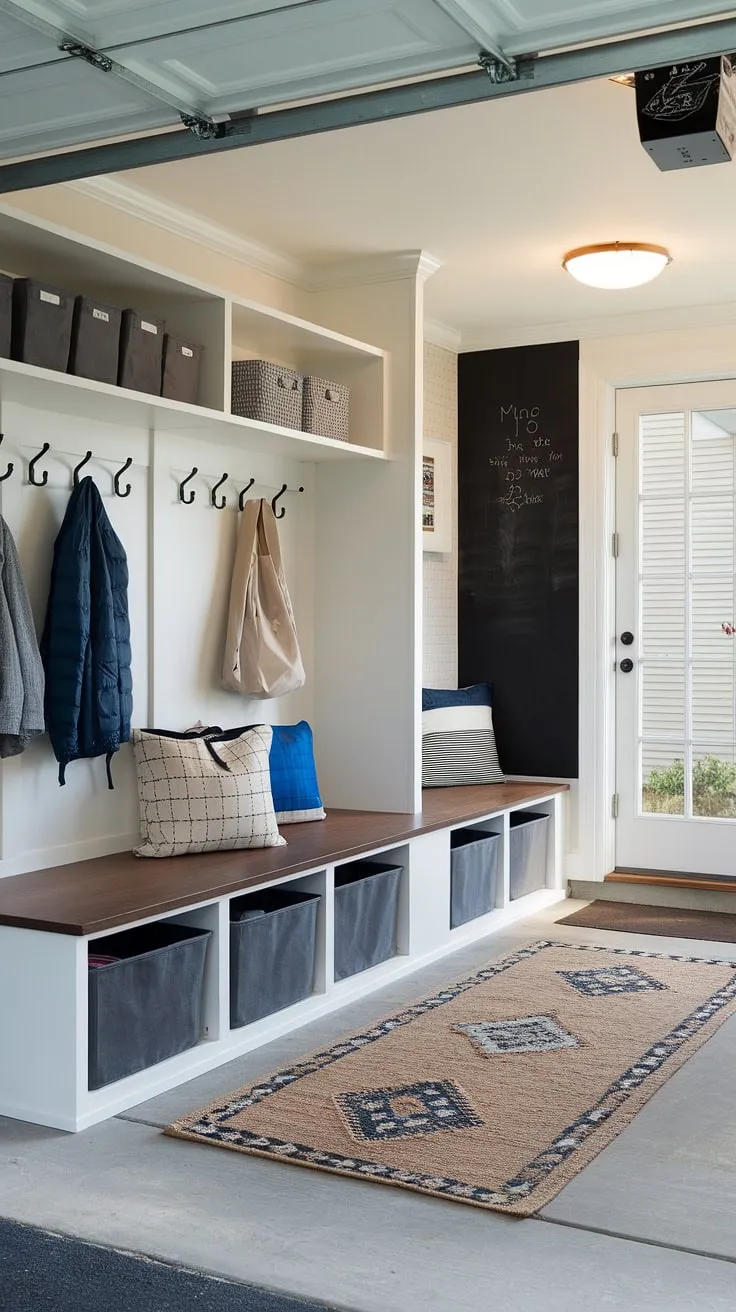 This garage mudroom entryway is the ultimate in garage organizing! The clever use of space, including a built-in bench with storage bins, a coat rack, and a shelf, creates a functional garage drop zone. The chalkboard wall adds a touch of personality, while the rug softens the space, transforming this garage entryway into a welcoming mudroom garage. This garage storage inspiration is perfect for keeping things tidy and organized.