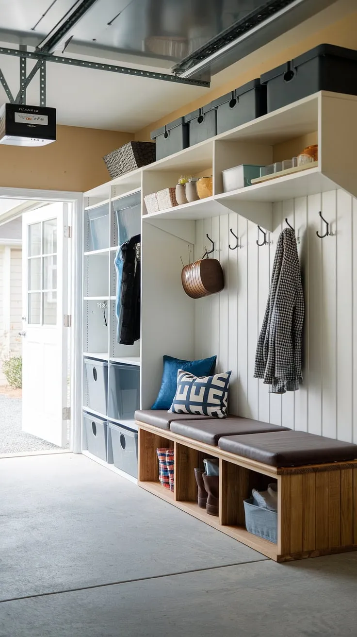 This well-organized garage mudroom entryway boasts a practical drop zone, complete with a cushioned bench for seating, a coat rack, and ample shelving. The thoughtful blend of hooks, bins, and a wooden storage bench provides clever garage storage inspiration, transforming this garage entryway into a functional and stylish mudroom garage. Effective garage organizing solutions make this space a dream.