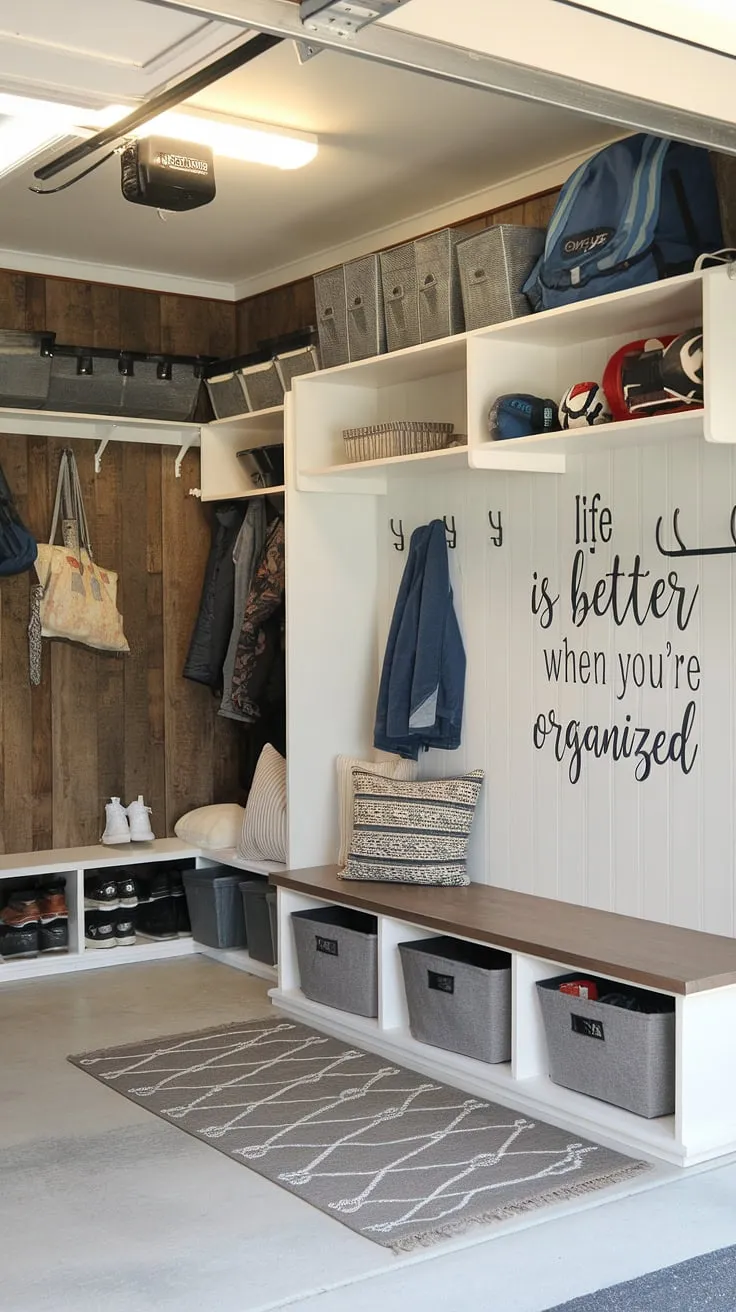 This garage entryway boasts a stunning mudroom garage design, showcasing clever garage organizing ideas. The neutral color palette complements the wood paneling and white shelving, creating a welcoming and efficient garage drop zone. The bench seat with storage, coat rack, and wall-mounted hooks offer practical solutions for everyday items. This garage storage inspiration is a testament to how effective garage organizing can transform a cluttered space into a functional and stylish mudroom.