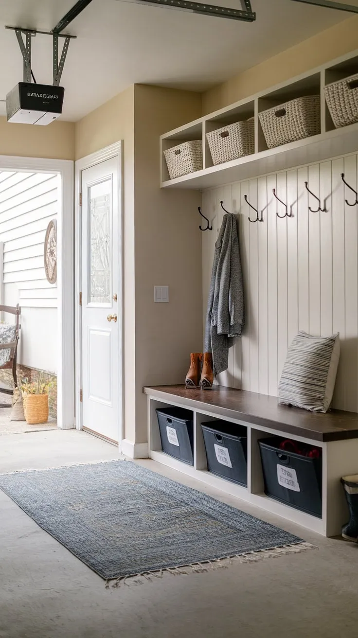 This mudroom garage effortlessly blends functionality and design.  The garage entryway features a dedicated garage drop zone with smart storage solutions, including a bench with storage bins and a handy coat rack.  Get inspired by this garage organizing masterpiece and transform your garage entryway into a welcoming and clutter-free space.