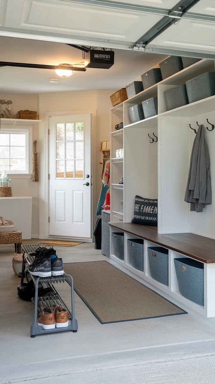 This garage mudroom entryway is the ultimate organizational dream!  A dedicated garage drop zone, complete with shoe rack, bench storage, and coat rack, keeps everything in its place.  This garage entryway is a masterclass in garage storage inspiration and garage organizing.