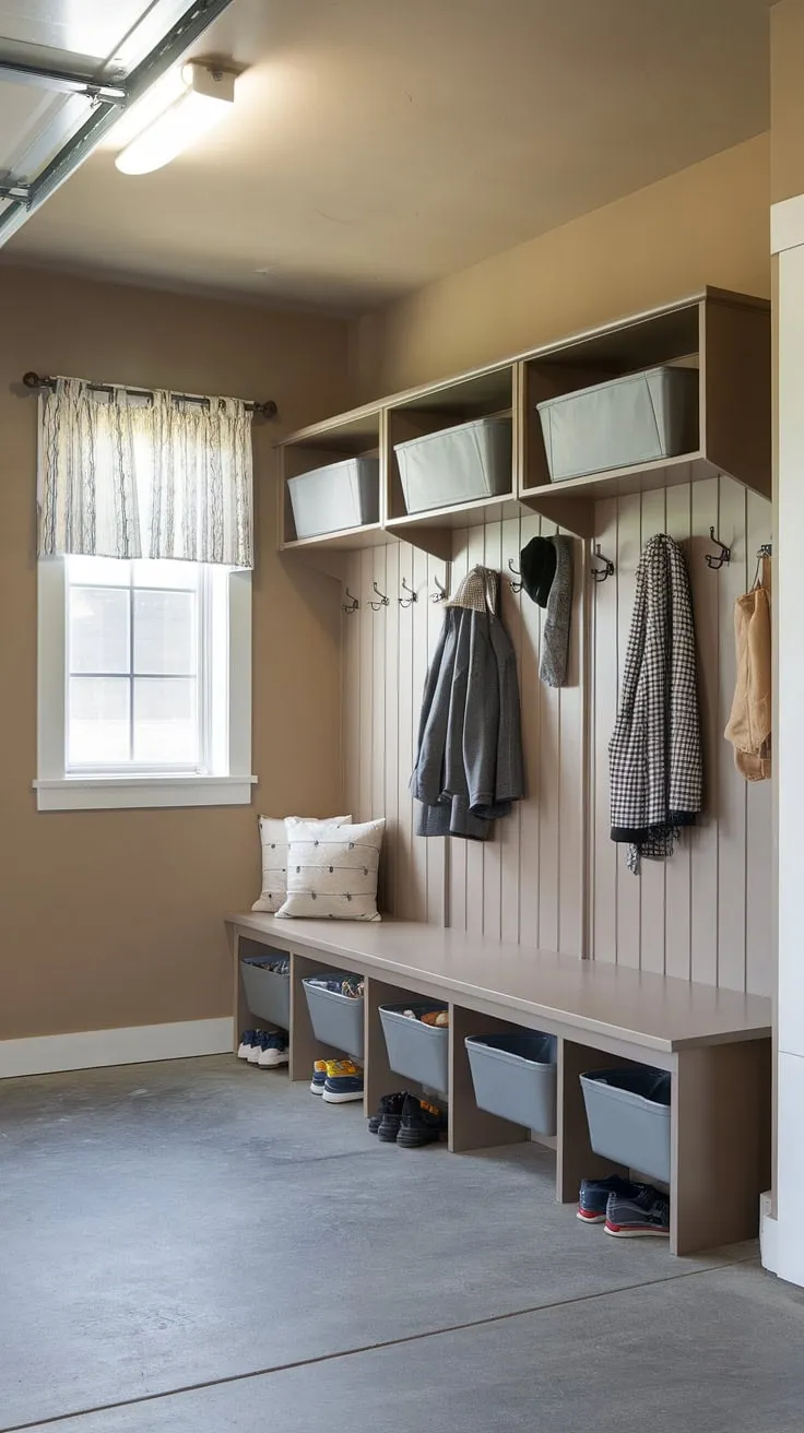 This garage mudroom entryway is the ultimate drop zone, transforming a cluttered garage into an organized and functional space.  The built-in bench with storage bins, coat hooks, and shoe rack provide ample garage storage inspiration, making this mudroom garage a dream come true for garage organizing.