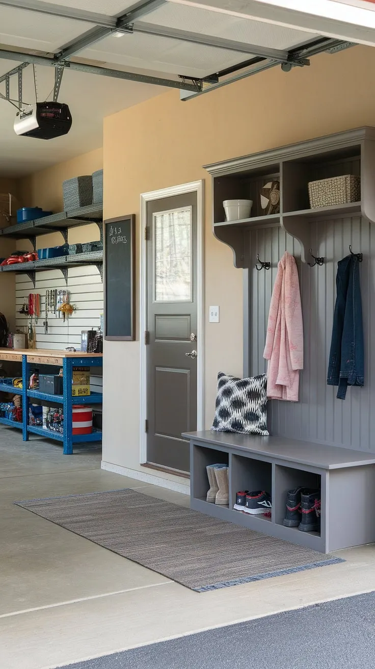 Transform your garage into a stylish and functional mudroom garage entryway. This garage drop zone boasts clever storage solutions, from a convenient bench with coat hooks to overhead shelving.  Get inspired by this garage organizing masterpiece and create your own efficient and attractive garage entryway.