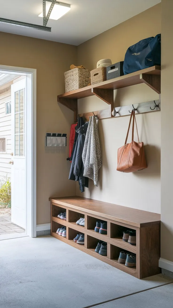 This mudroom garage entryway is the ultimate garage storage inspiration. Clever design maximizes space, transforming a cluttered garage entryway into a welcoming and efficient garage drop zone.
