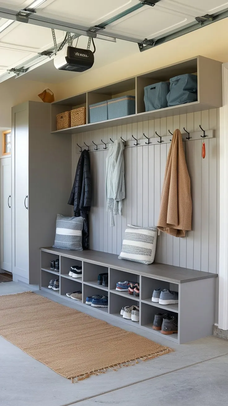 Step inside this well-organized garage mudroom entryway, a perfect example of garage storage inspiration. The functional design features a built-in bench with cubbies, a coat rack, and ample shelving, transforming this garage drop zone into a stylish and efficient mudroom garage. The thoughtful use of hooks and a rug completes the space, making this garage entryway both practical and inviting.